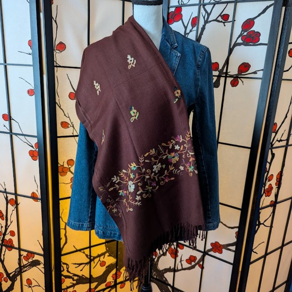 Brown Scarf with Floral Embroidery in Accessories